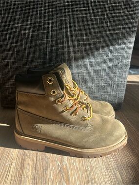 Timberland Wheat Nubuck Work Boots with Yellow/Orange Laces